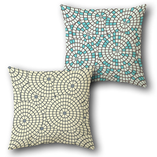 Teal and Beige Mosaic Circle  Design Cushion Single (Front & Back)