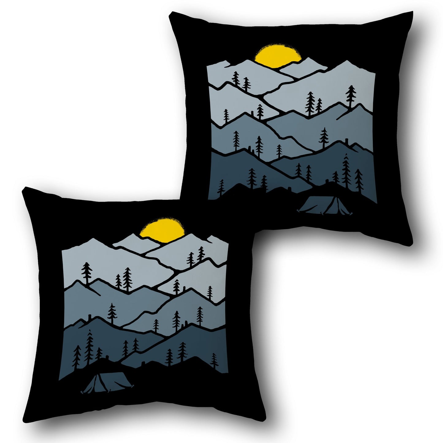 Mountain Camping  - Black with Blue and Yellow Design Cushion Single (Front & Back)