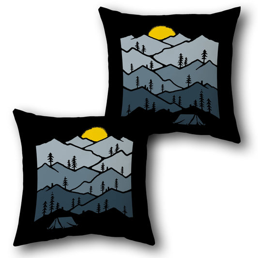 Mountain Camping  - Black with Blue and Yellow Design Cushion Single (Front & Back)