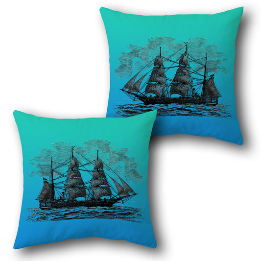 Vintage Ship  - Teal with Black Design Cushion Single (Front & Back)
