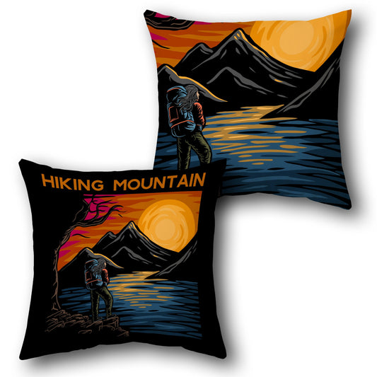 Hiking Mountain Scenic Throw  - Black with Multicolor  Design Cushion Single (Front & Back)