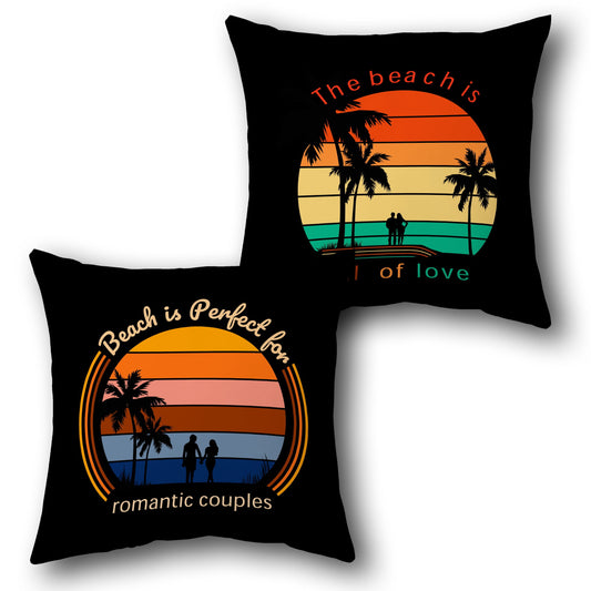 Romantic Beach Sun Throw  - Black with Multicolor  Design Cushion Single (Front & Back)