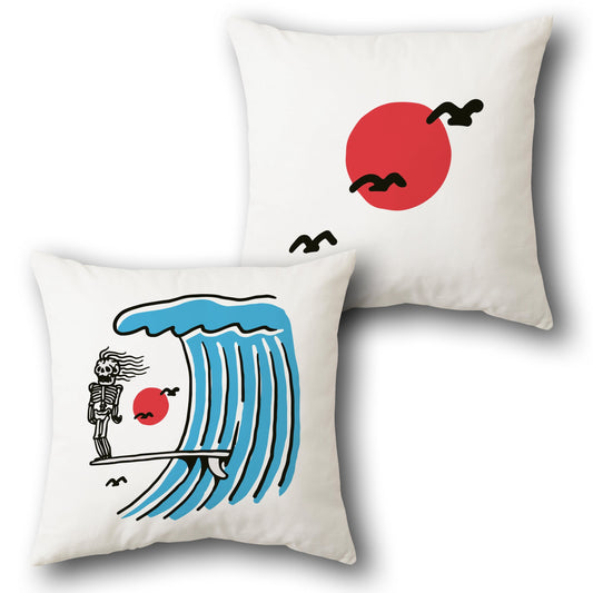 Skeleton Surfer Coastal Art Throw  - White with Blue and Red Accents Design Cushion Single (Front & Back)