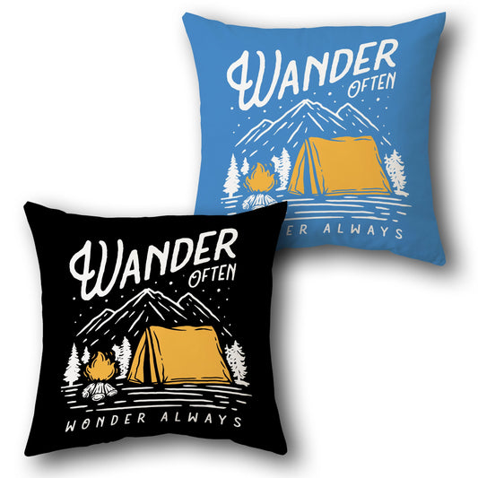 Wander Often Camping Throw  - Black and Blue with White and Yellow Design Cushion Single (Front & Back)