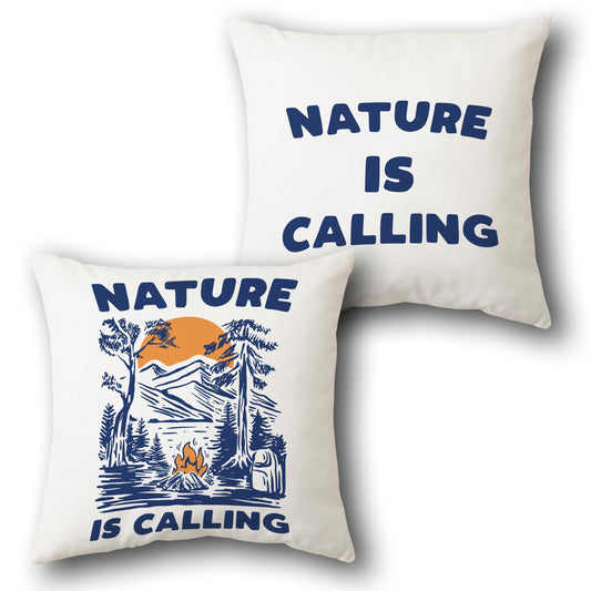 Nature Is Calling Scenic Throw  - White with Blue and Orange Accents Design Cushion Single (Front & Back)