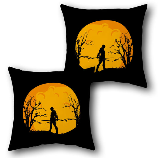 Warrior Moon Silhouette Throw  - Black with Orange Design Cushion Single (Front & Back)