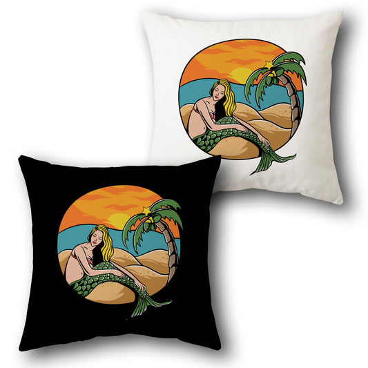 Mermaid Sun Throw  - Black and White with Orange, Green, and Blue Accents Design Cushion Single (Front & Back)