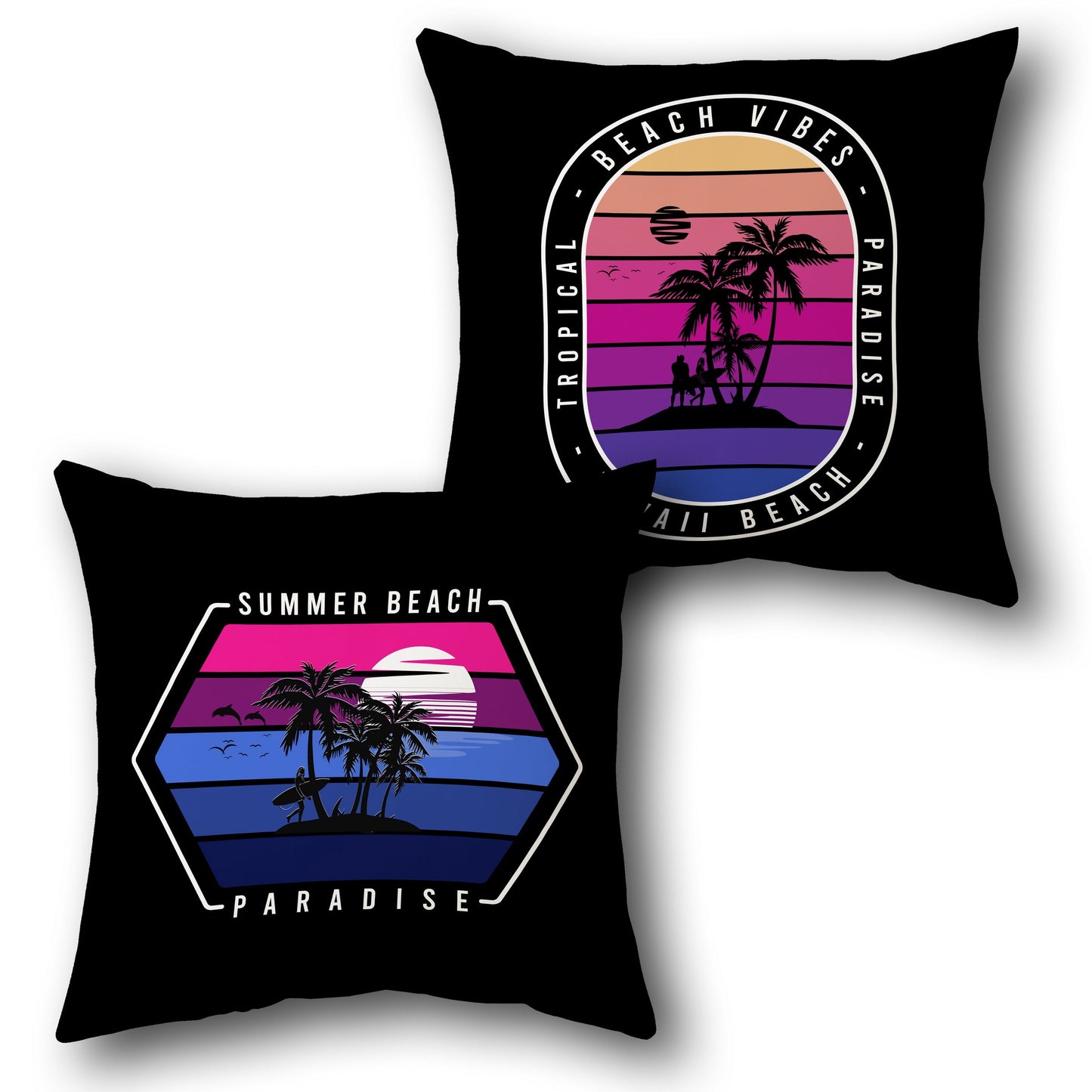 Beach Vibes Tropical Throw  - Black with Pink, Purple, and Blue Accents Design Cushion Single (Front & Back)