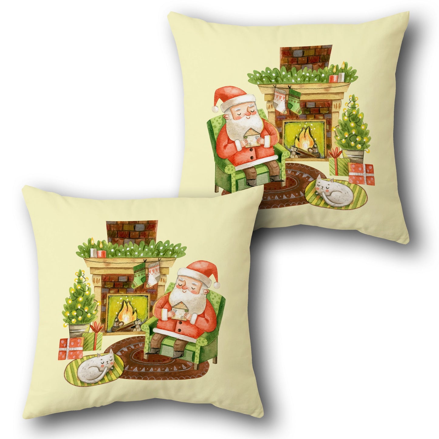 Cozy Santa Claus Fireplace Scene  in Cream Design Cushion Single (Front & Back)