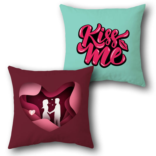 Romantic Love    – "Kiss Me" & Silhouette Couple in Heart Design Cushion Single (Front & Back)