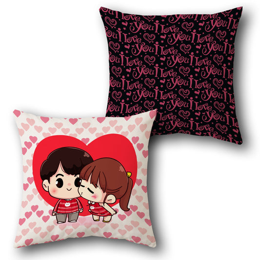 Cute Love    – "I Love You" Pattern & Cartoon Couple Kiss Design Cushion Single (Front & Back)