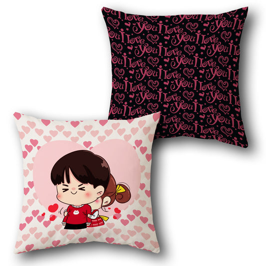 Cute Couple Love    – "I Love You" & Back Hug Cartoon Design Cushion Single (Front & Back)