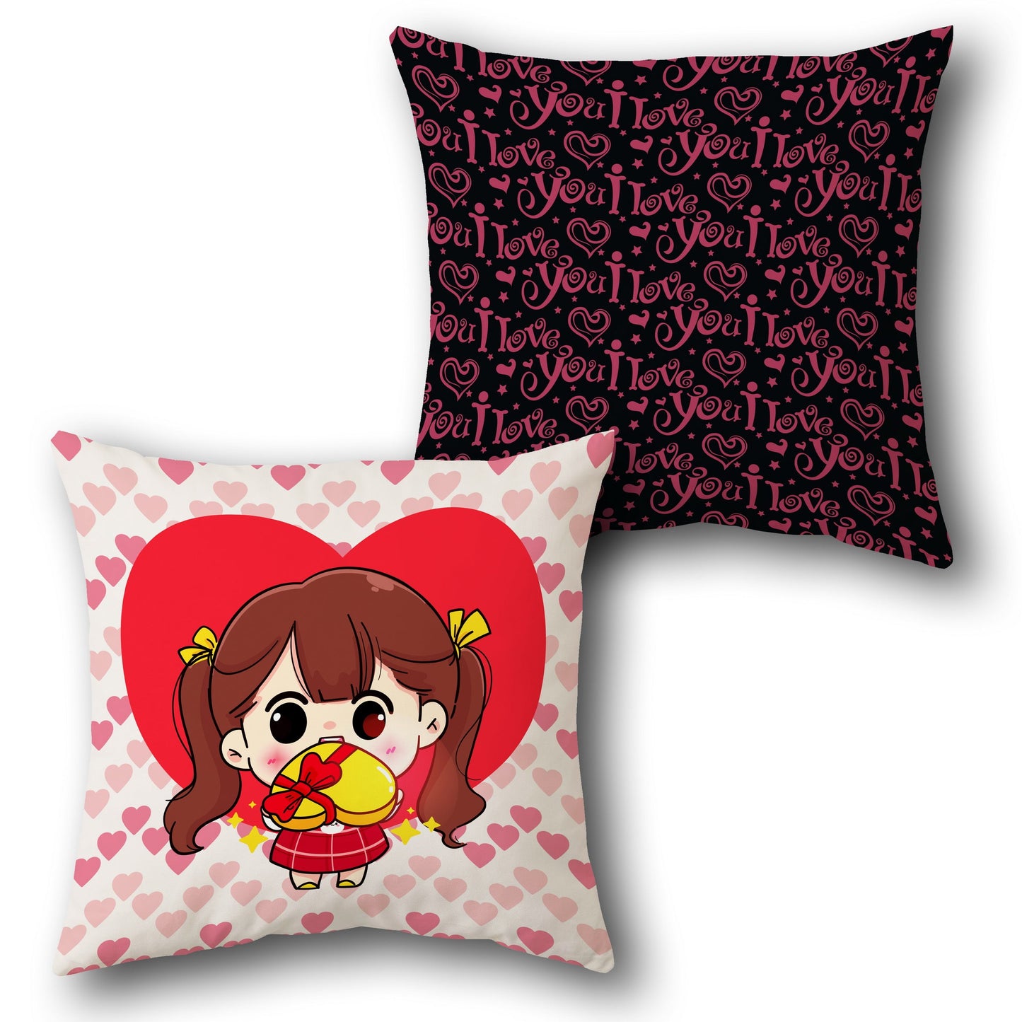 Love Gift Girl    – "I Love You" & Cute Cartoon Girl with Present Design Cushion Single (Front & Back)