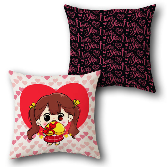 Love Gift Girl    – "I Love You" & Cute Cartoon Girl with Present Design Cushion Single (Front & Back)