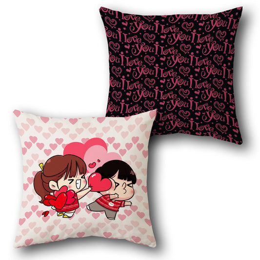 Cute Love Fight    – Cartoon Couple & "I Love You" Heart Text Design Cushion Single (Front & Back)