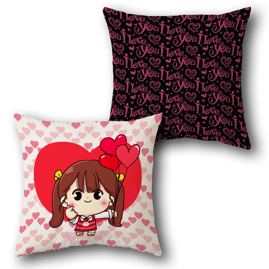 Heart Balloon Girl    – Romantic Cartoon & Love Typography Design Cushion Single (Front & Back)
