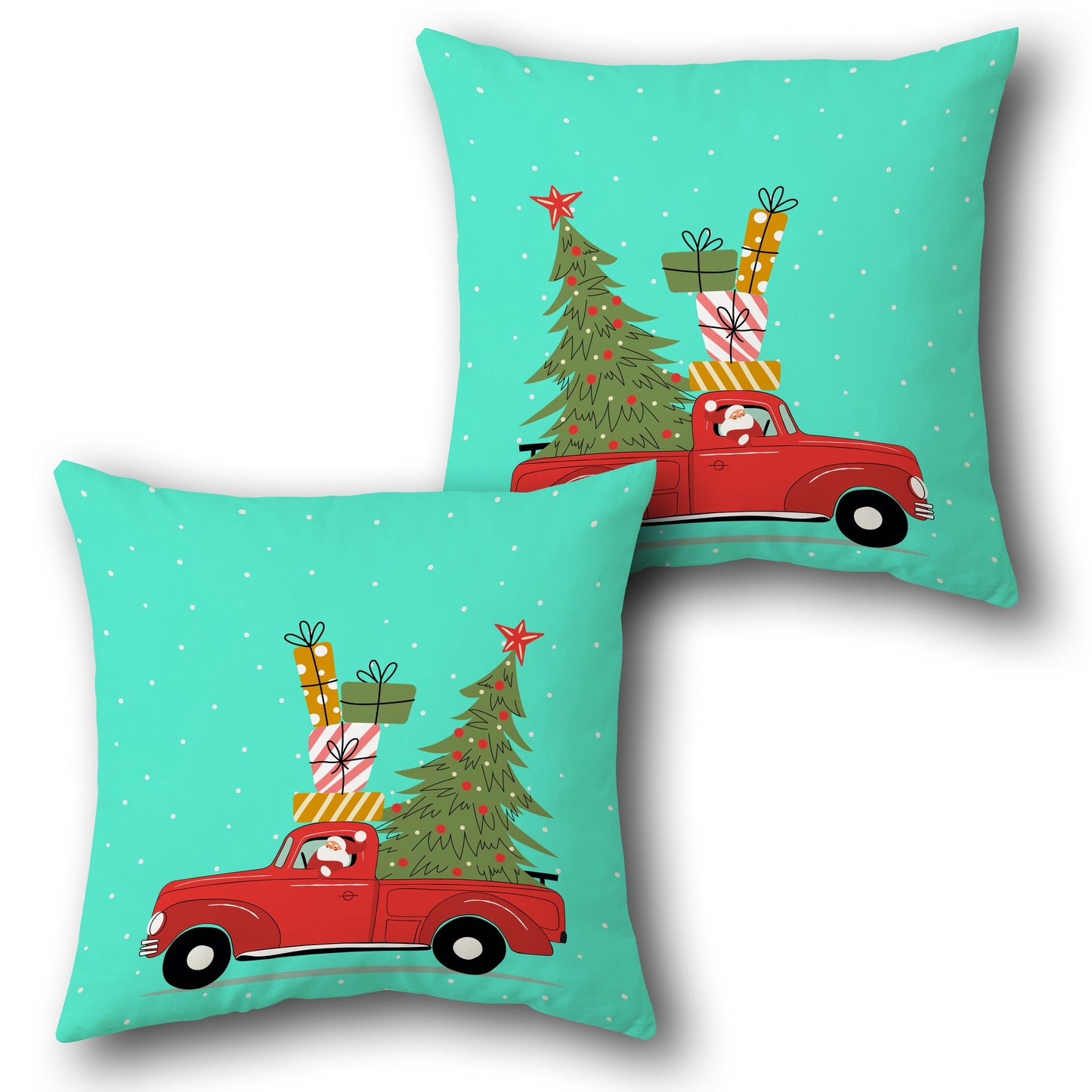 Santa's Red Truck with Christmas Tree  in Cyan Design Cushion Single (Front & Back)