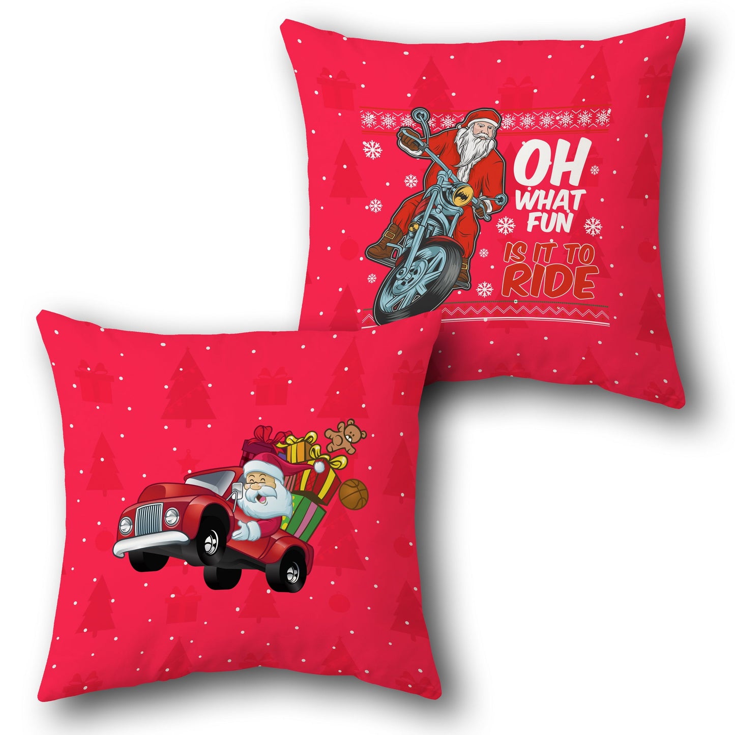 Santa's Truck and Motorcycle "Oh What Fun It Is to Ride"  in Red Design Cushion Single (Front & Back)