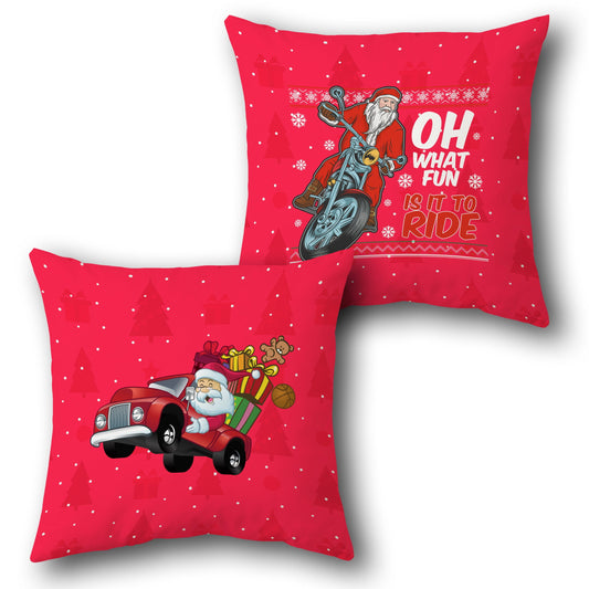 Santa's Truck and Motorcycle "Oh What Fun It Is to Ride"  in Red Design Cushion Single (Front & Back)