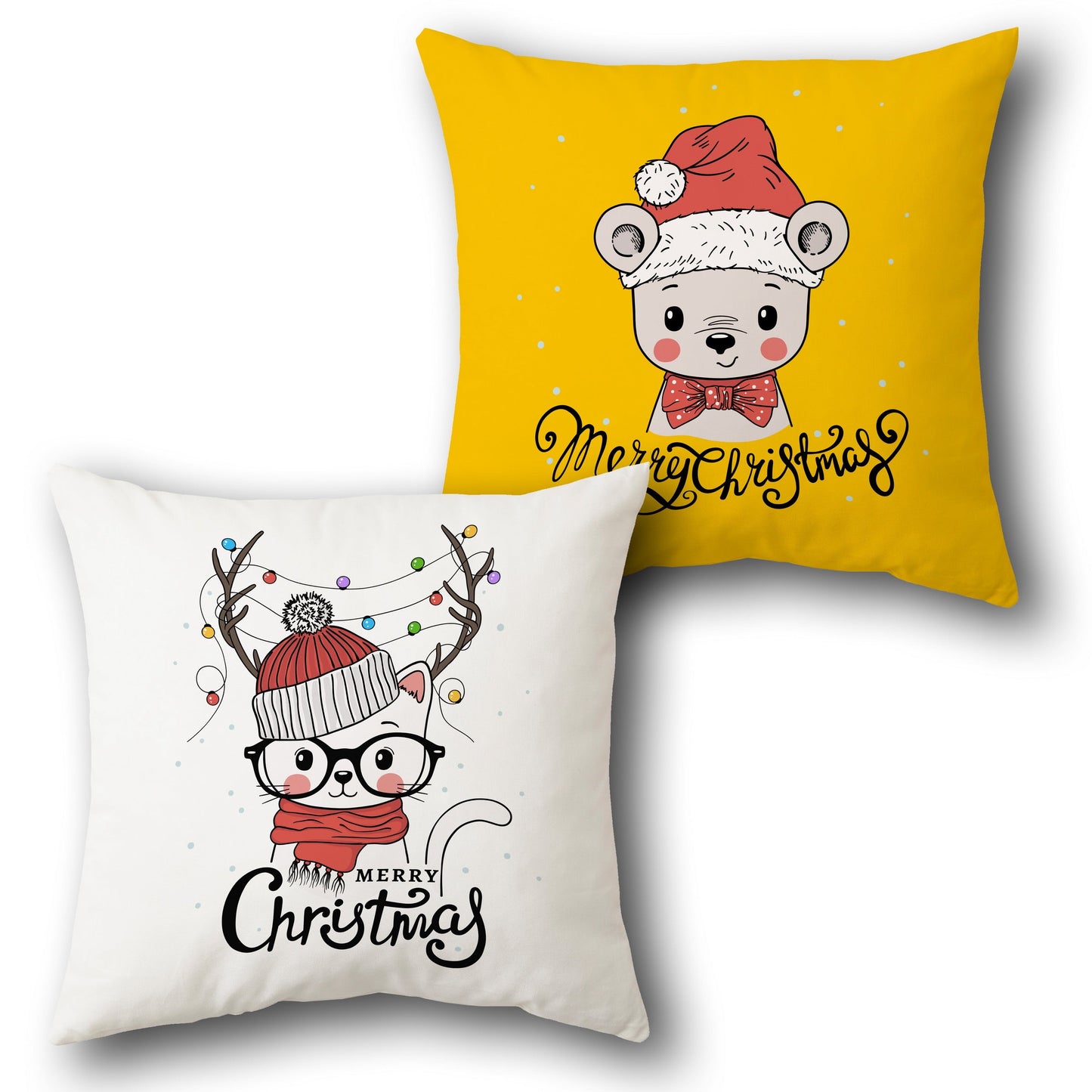 Festive Cat and Bear  Design Cushion Single (Front & Back)