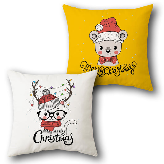 Festive Cat and Bear  Design Cushion Single (Front & Back)