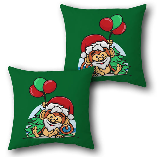 Festive Monkey with Santa Hat and Balloons  in Green Design Cushion Single (Front & Back)