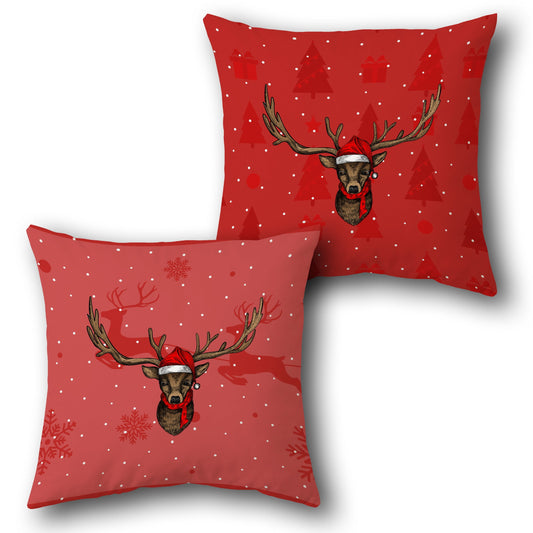 Reindeer with Santa Hat  in Red Design Cushion Single (Front & Back)