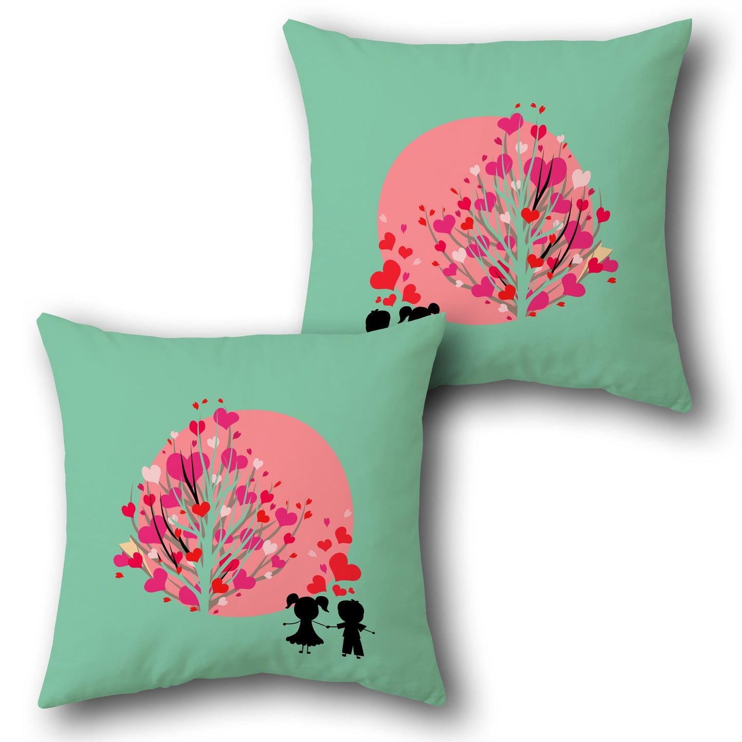 Romantic Heart Tree Silhouette  in Teal Design Cushion Single (Front & Back)