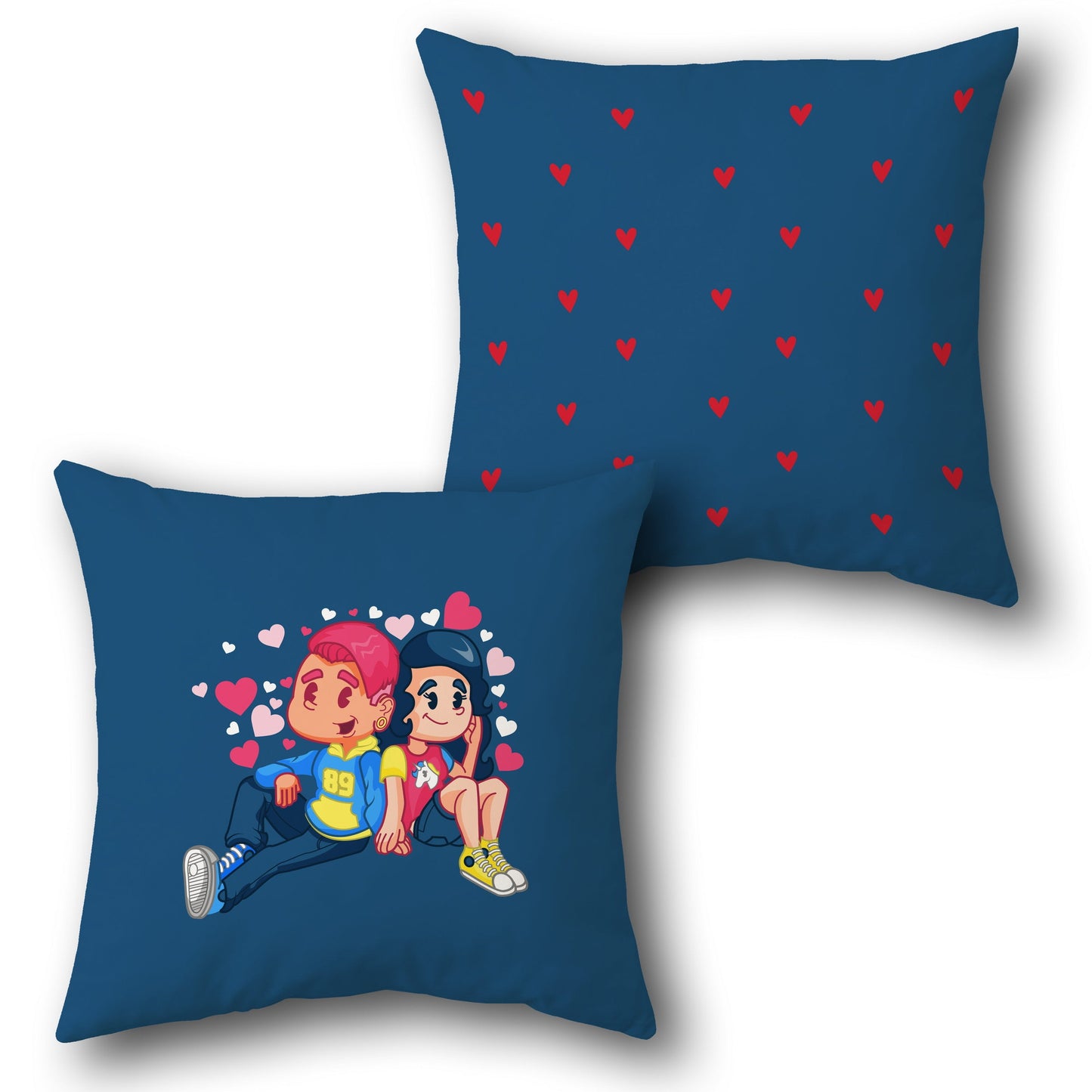 Blue Couple Cartoon Valentine's Decorative  Design Cushion Single (Front & Back)