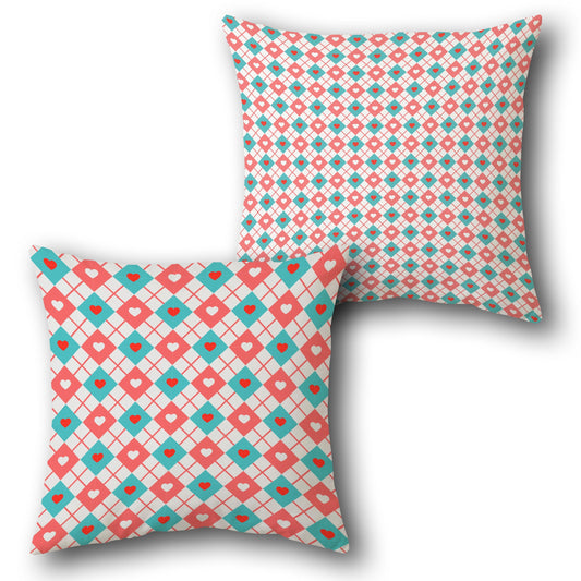 Heart Diamond Pattern Throw  - Peach and Teal with Red and White Design Cushion Single (Front & Back)