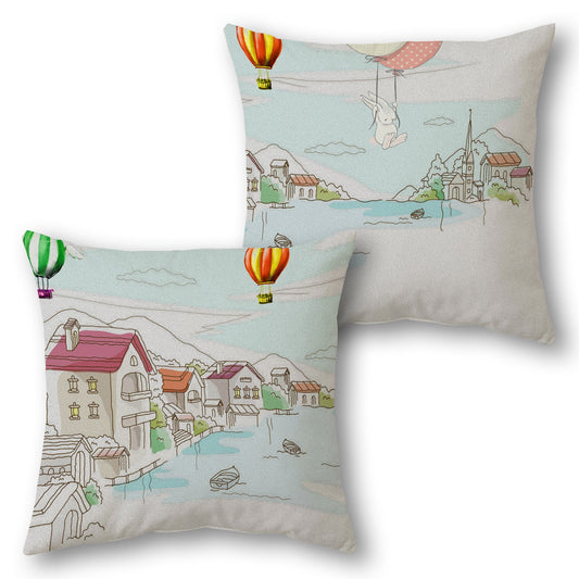 Whimsical Village  Design Cushion Single (Front & Back)  - Light Blue with Multicolor