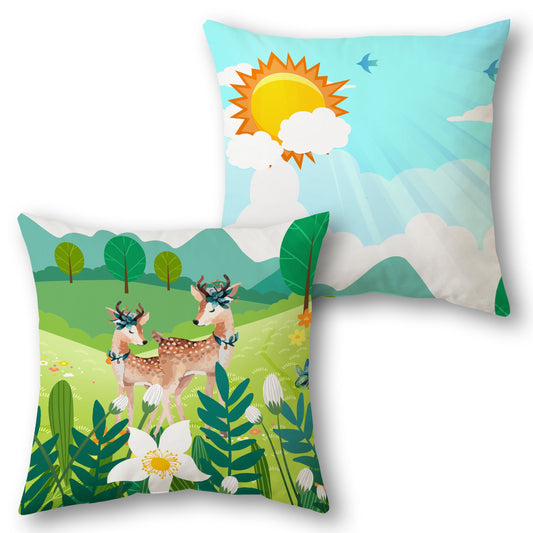 Deer Meadow  Design Cushion Single (Front & Back)  - Light Blue with Multicolor