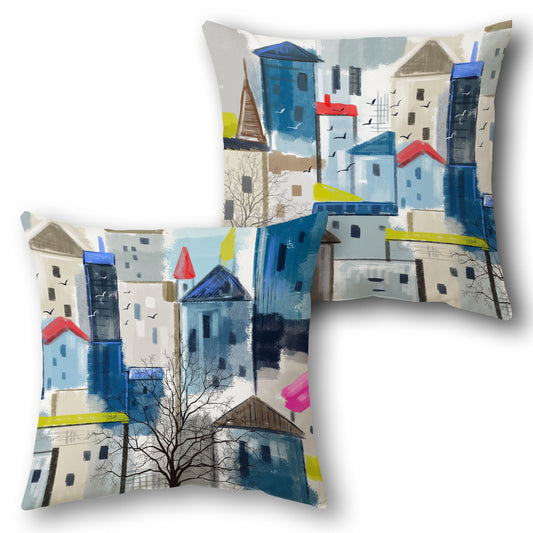 Abstract Cityscape  Design Cushion Single (Front & Back)  - Blue and Gray with Multicolor