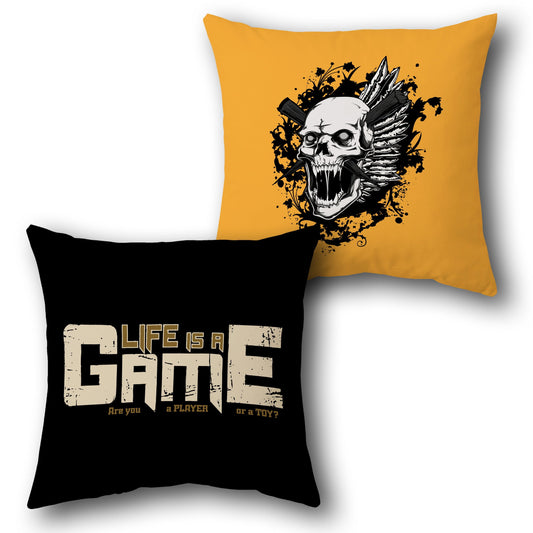 "Life Is a Game & Skull Gamer Cushion (Front & Back)"