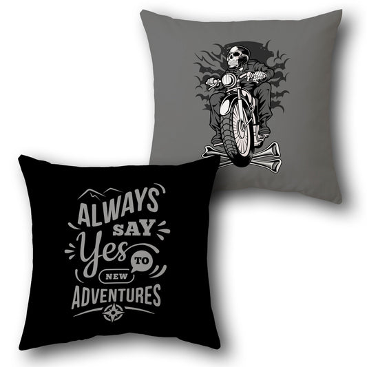 "Say Yes to Adventures & Skull Biker Cushion (Front & Back)"