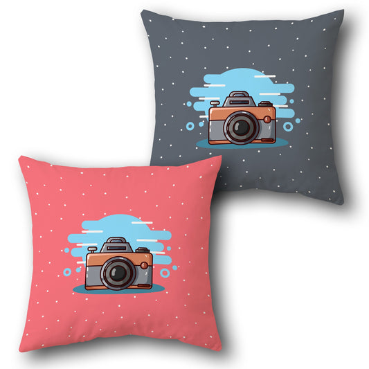 Vintage Camera   - Coral Pink & Slate Gray Design Cushion Single (Front & Back)