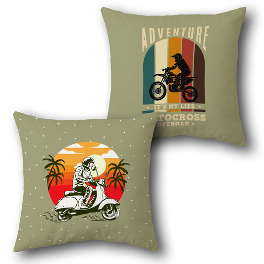 Moto Adventure   - Olive Green Design Cushion Single (Front & Back)