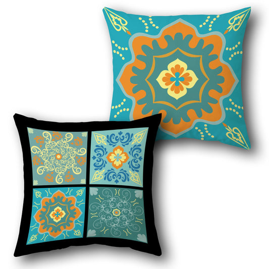 "Mandala Teal & Patchwork " Design Cushion Single (Front & Back)