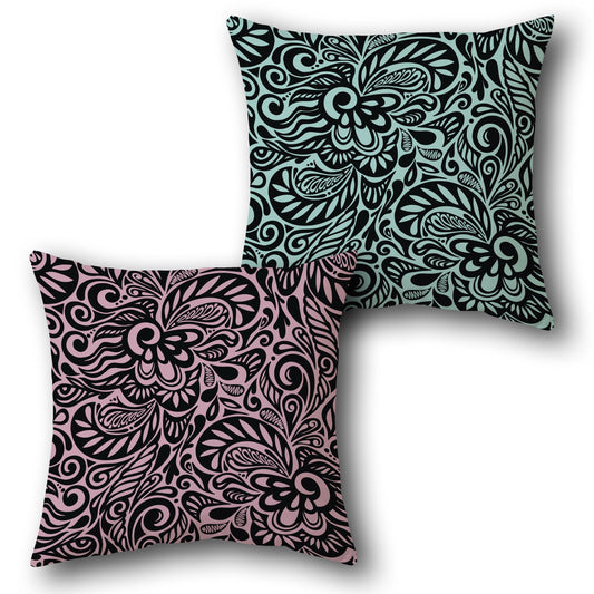Pink and Teal Swirling Floral Decorative  Design Cushion Single (Front & Back)