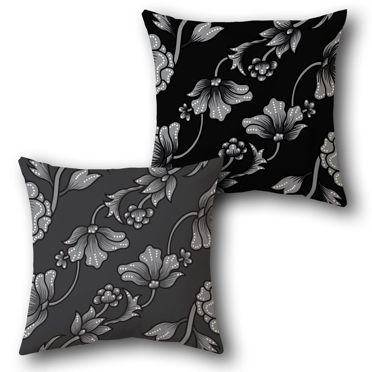 Monochrome Batik Floral Throw  – Black & Gray Edition Design Cushion Single (Front & Back)