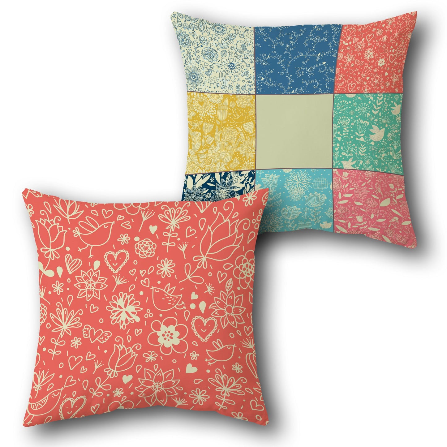 Patchwork Coral Floral Cushion (Front & Back)