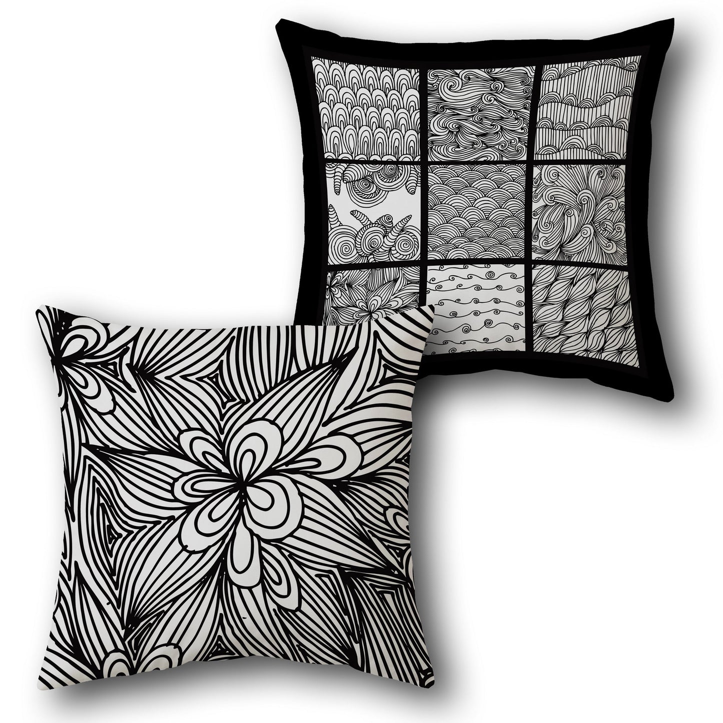 "Black-White Patchwork Bloom Cushion (Front & Back)"