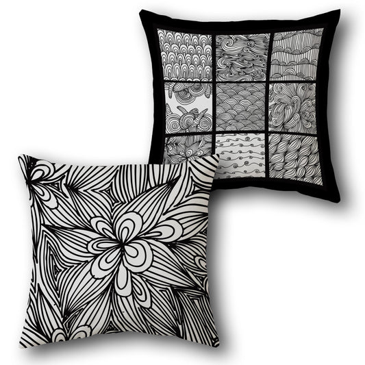 "Black-White Patchwork Bloom Cushion (Front & Back)"