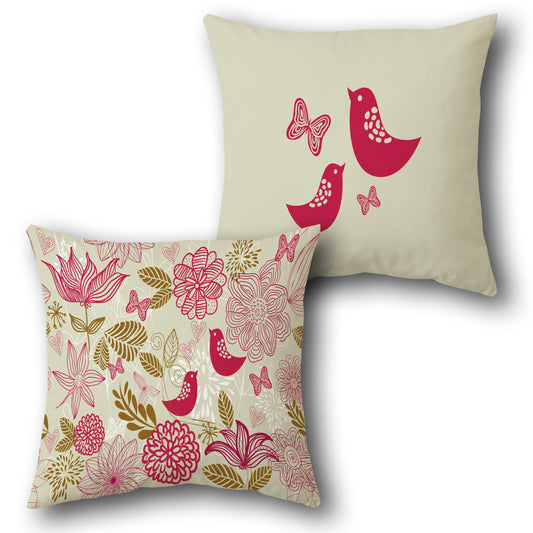 Pink Maroon Floral Birdsong Cushion (Front & Back)