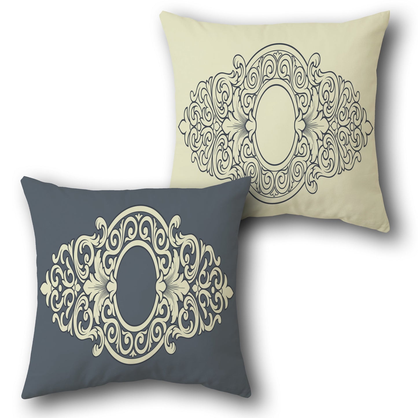 Blue Cream Ornate Frame Cushion (Front & Back)