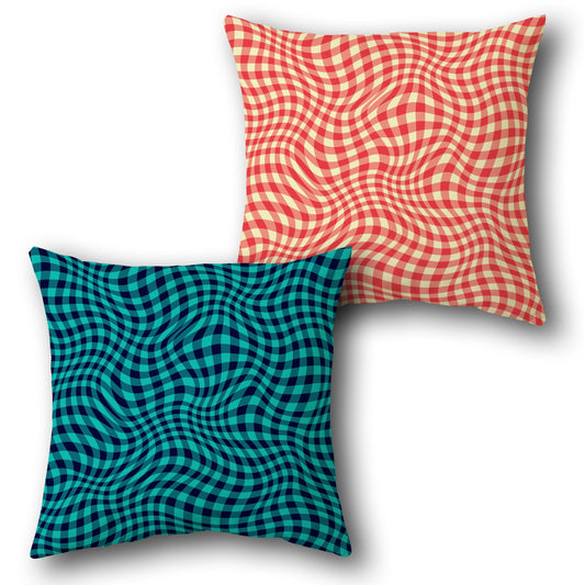 Teal Coral Wave Check Cushion (Front & Back)