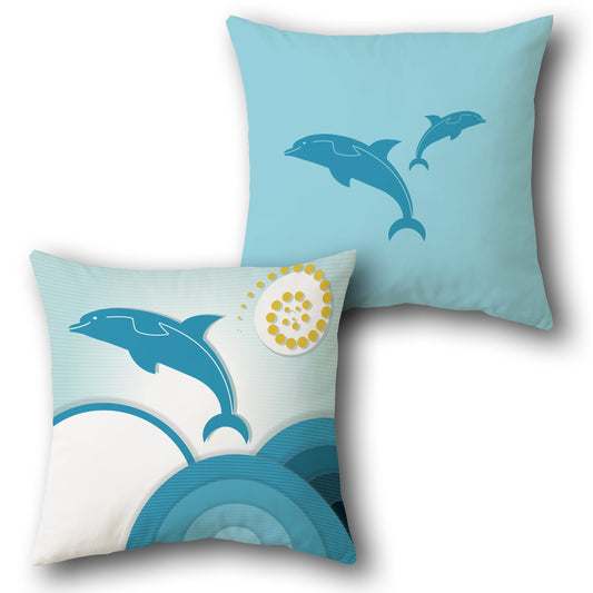 Blue White Dolphin Waves Cushion (Front & Back)