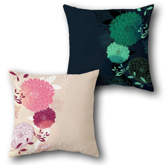 Beige and Navy Floral Contrast Cushion (Front & Back)