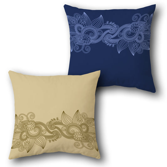 Beige and Navy Floral Swirl Cushion (Front & Back)