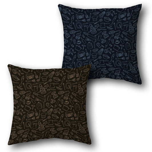 Brown and Navy Kitchen Tools Cushion (Front & Back)